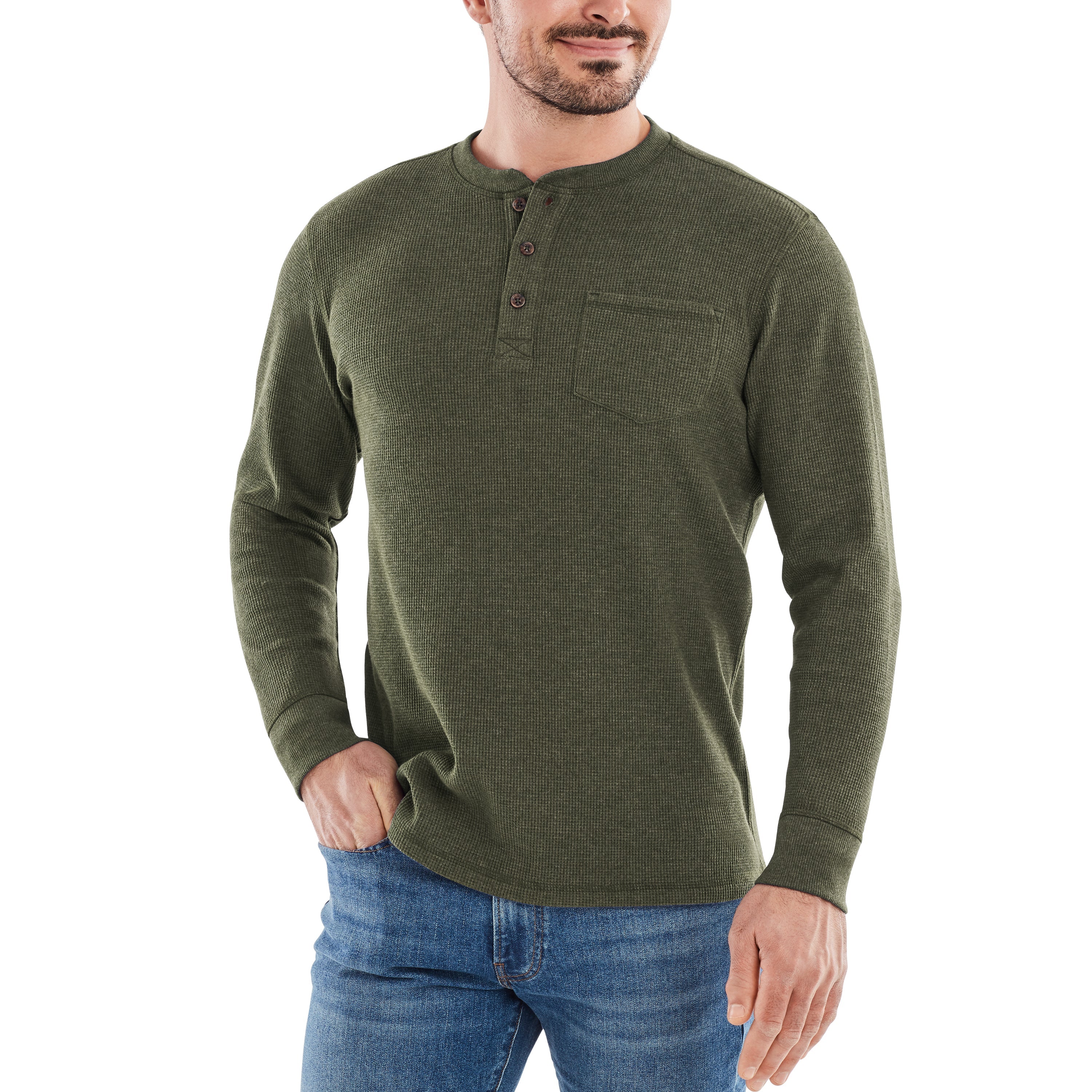 Waffle Knit Thermal Henley With Pocket