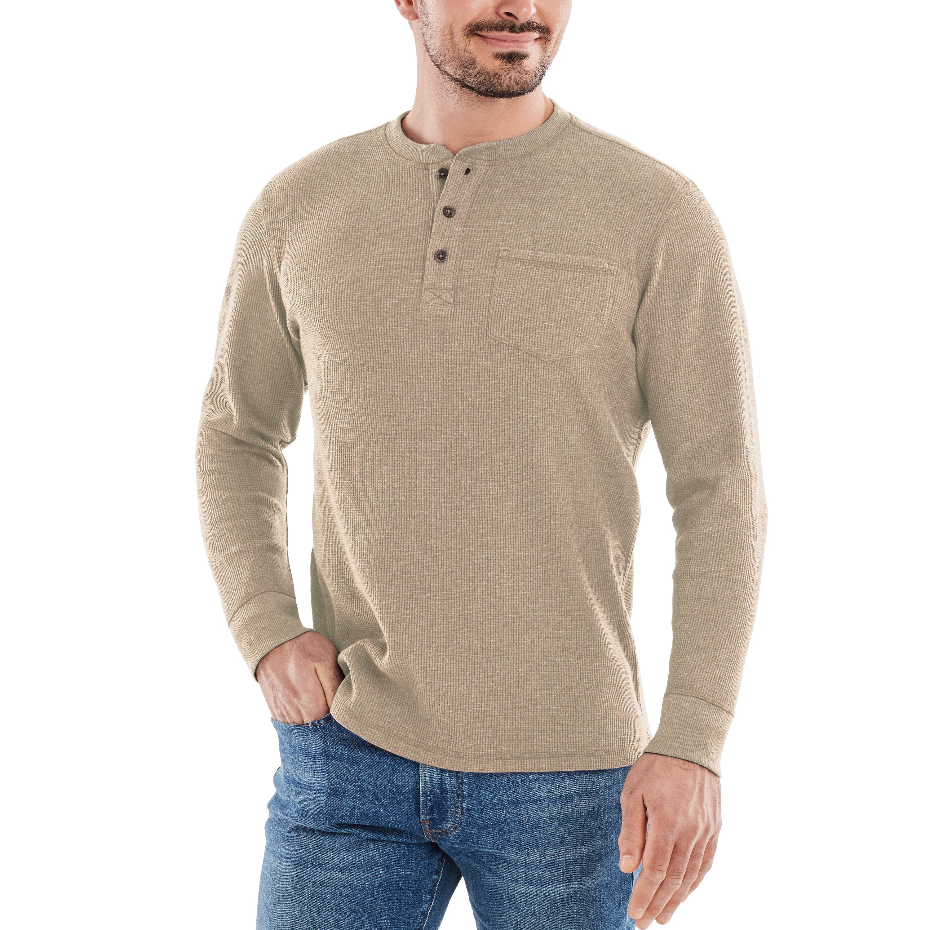 Waffle Knit Thermal Henley With Pocket