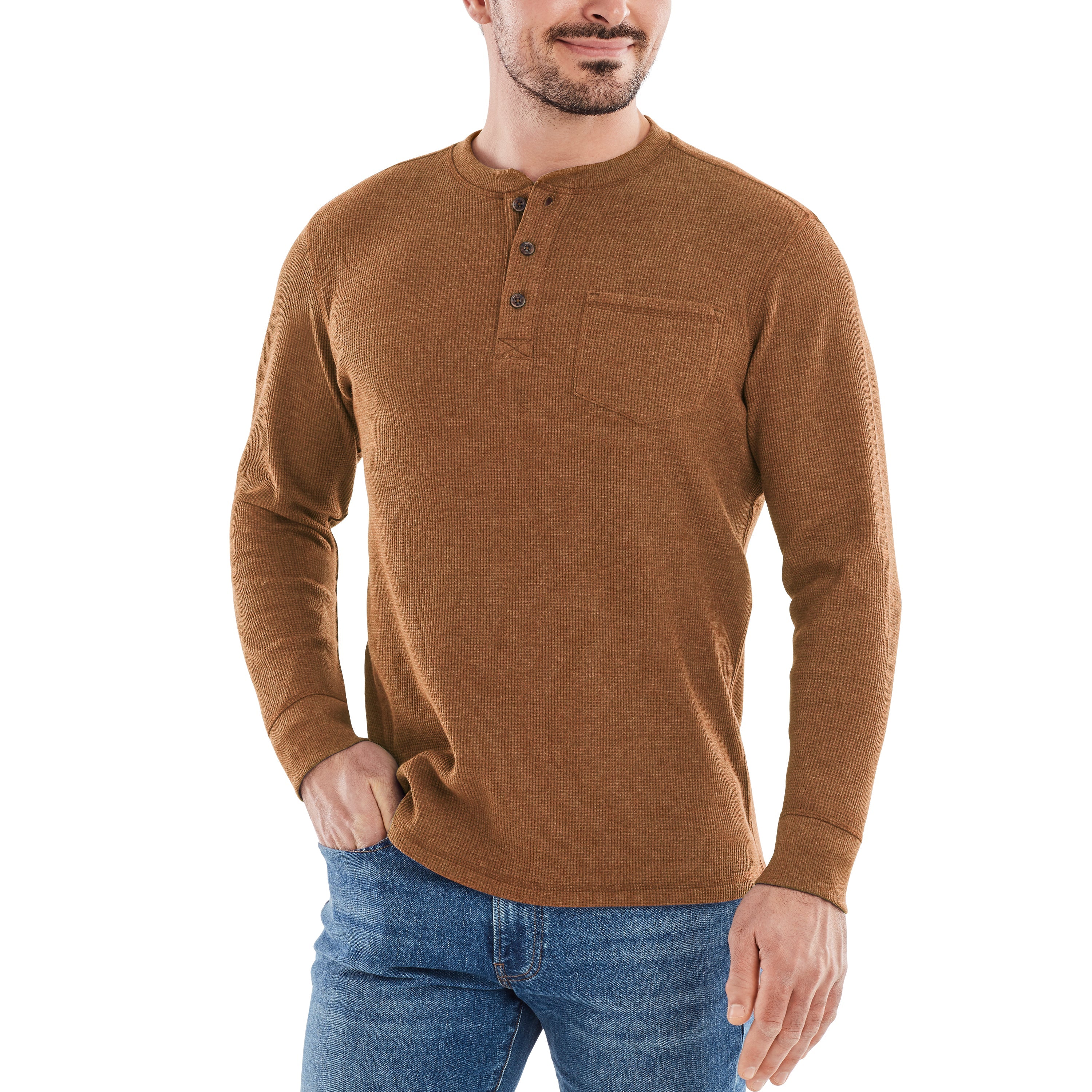 Waffle Knit Thermal Henley With Pocket