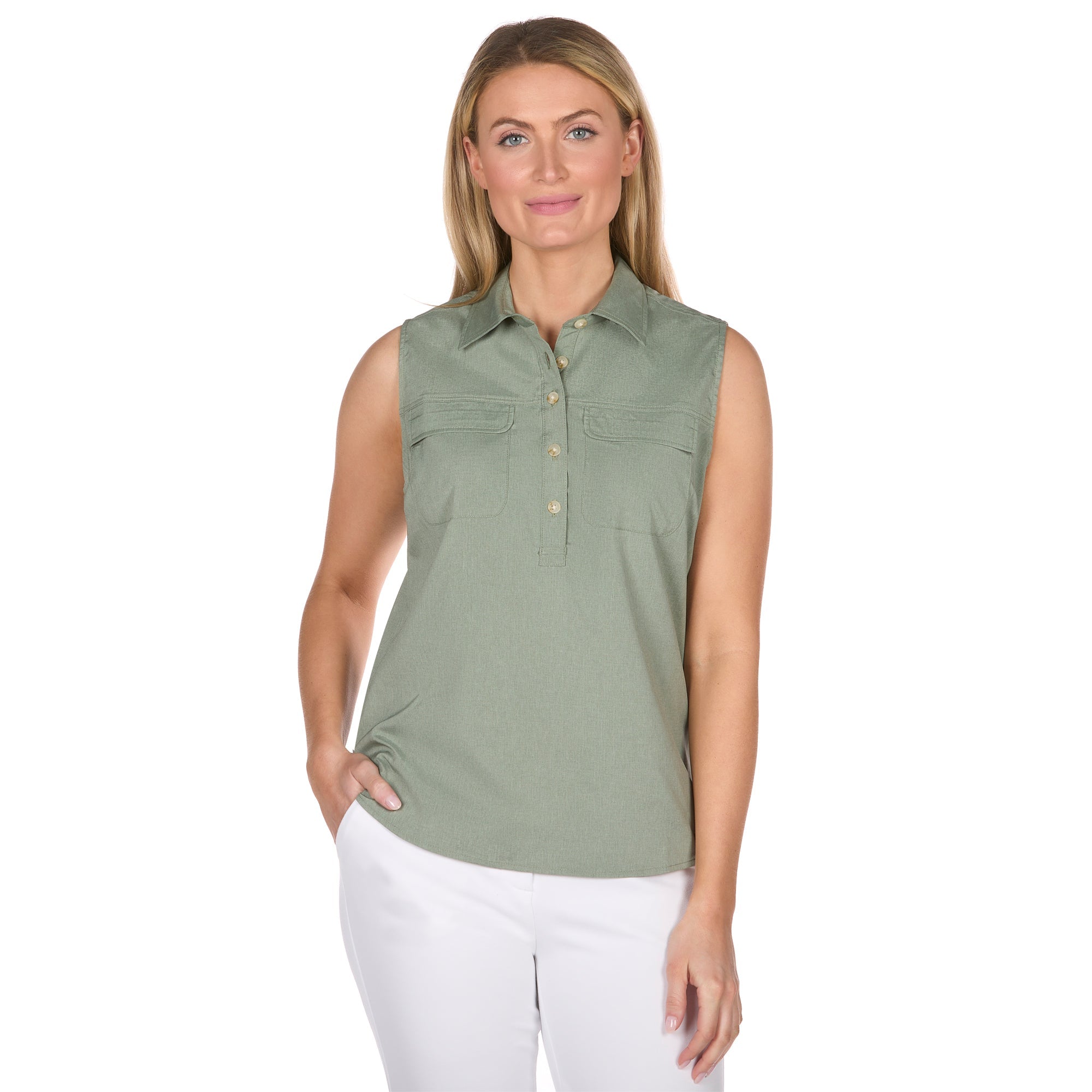 Women's Sleeveless Collared Half-Button Shirt