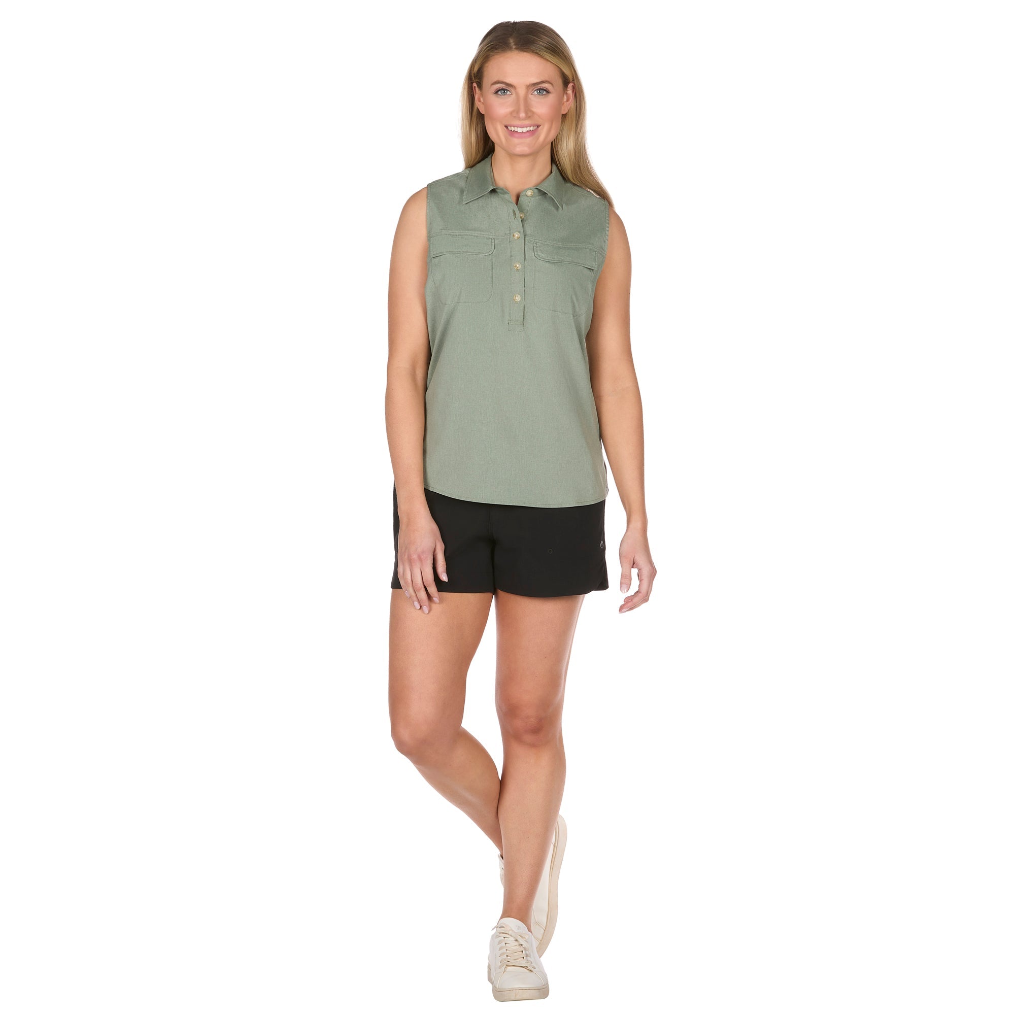 Women's Sleeveless Collared Half-Button Shirt
