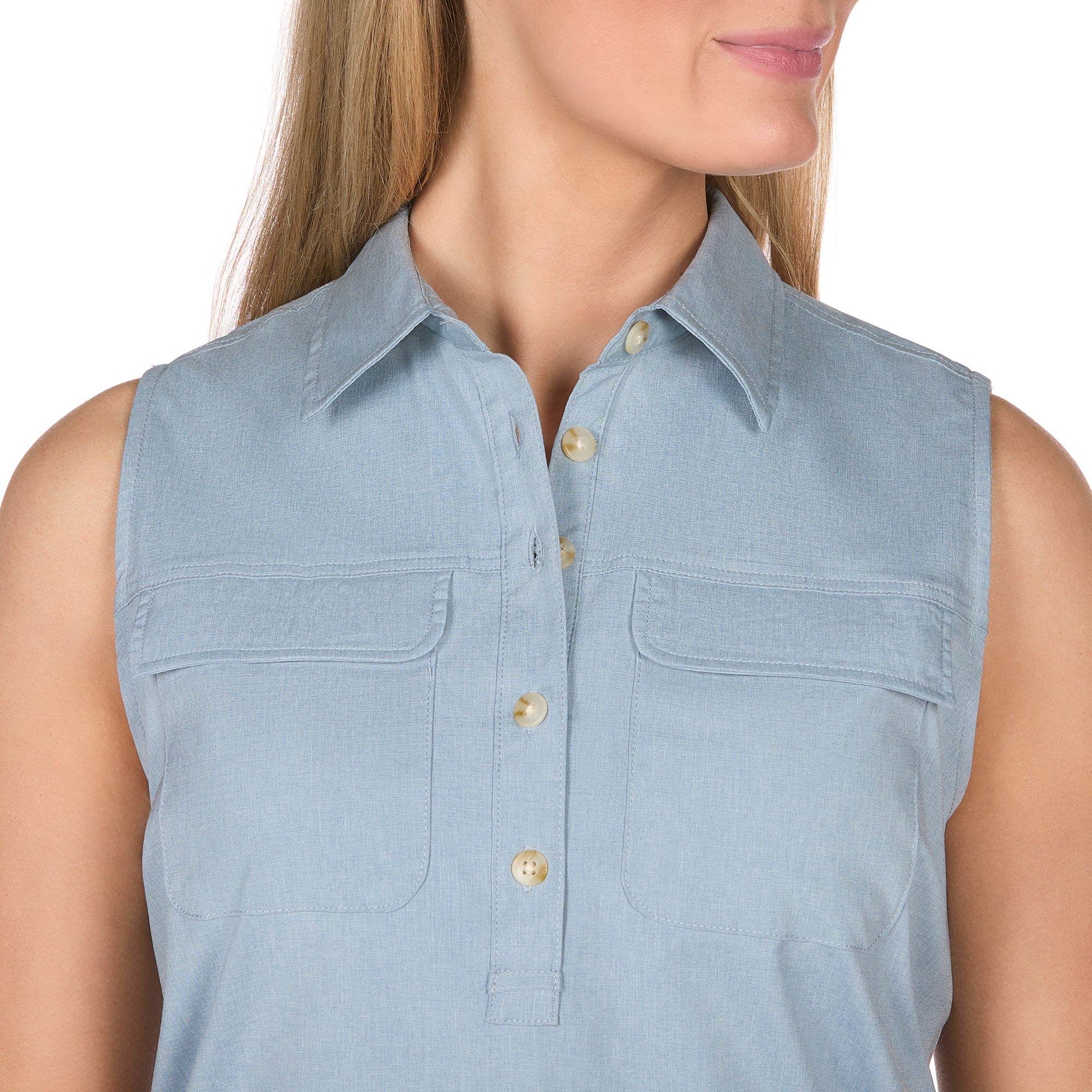 Women's Sleeveless Collared Half-Button Shirt