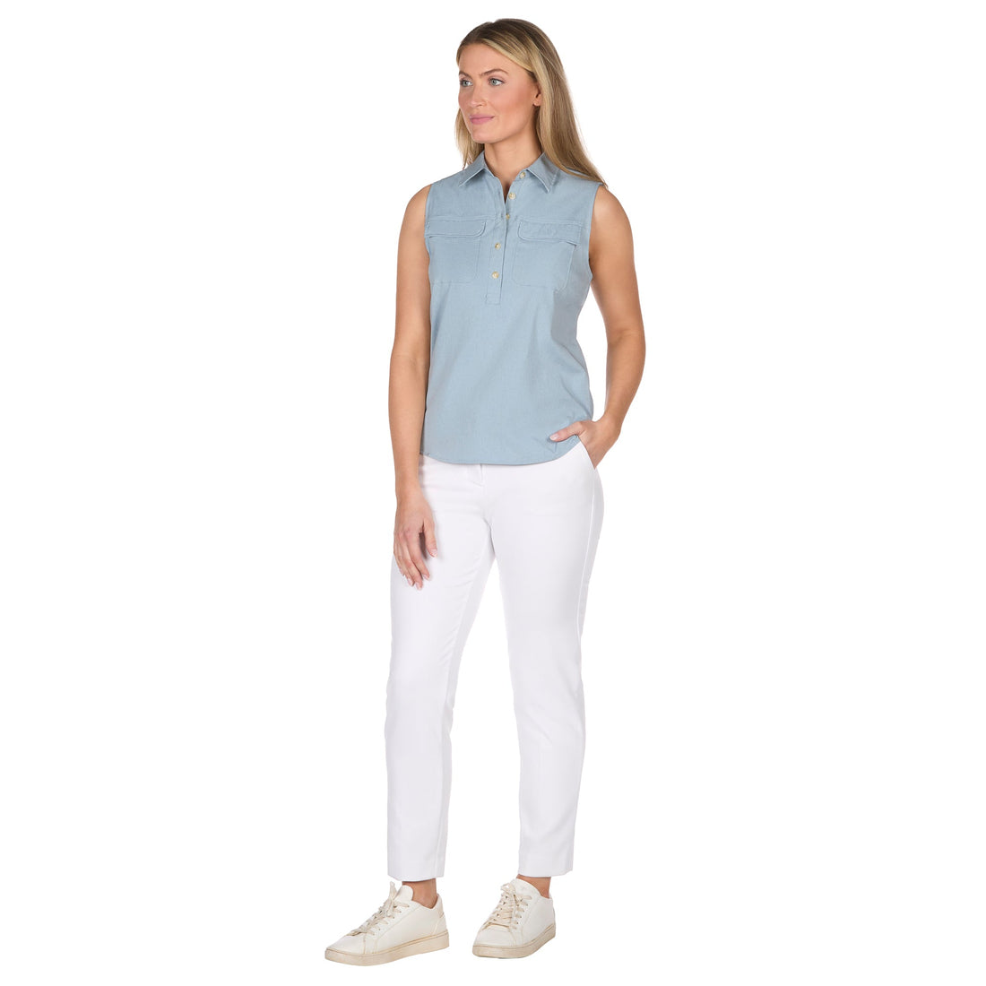Women's Sleeveless Collared Half-Button Shirt
