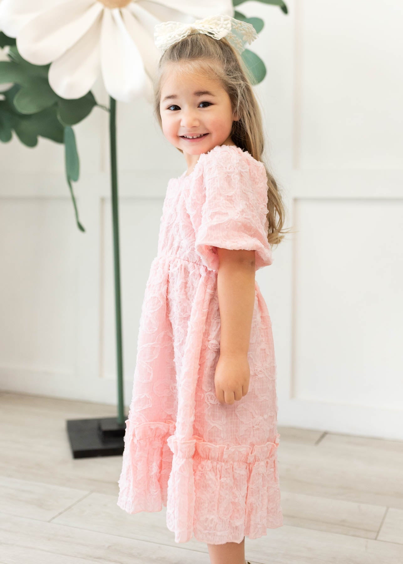 Carlee Pink Floral Textured Little Girl Dress