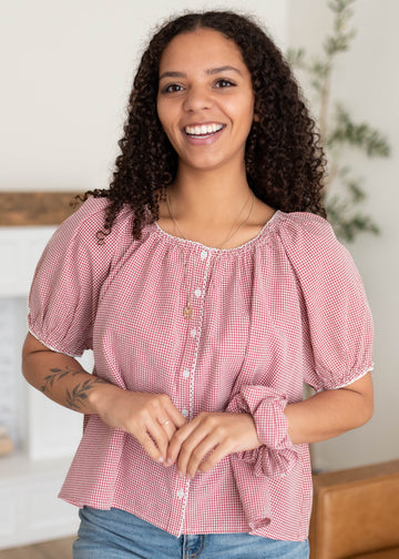 Kennedi Red Gingham Blouse & Scrunchie Set