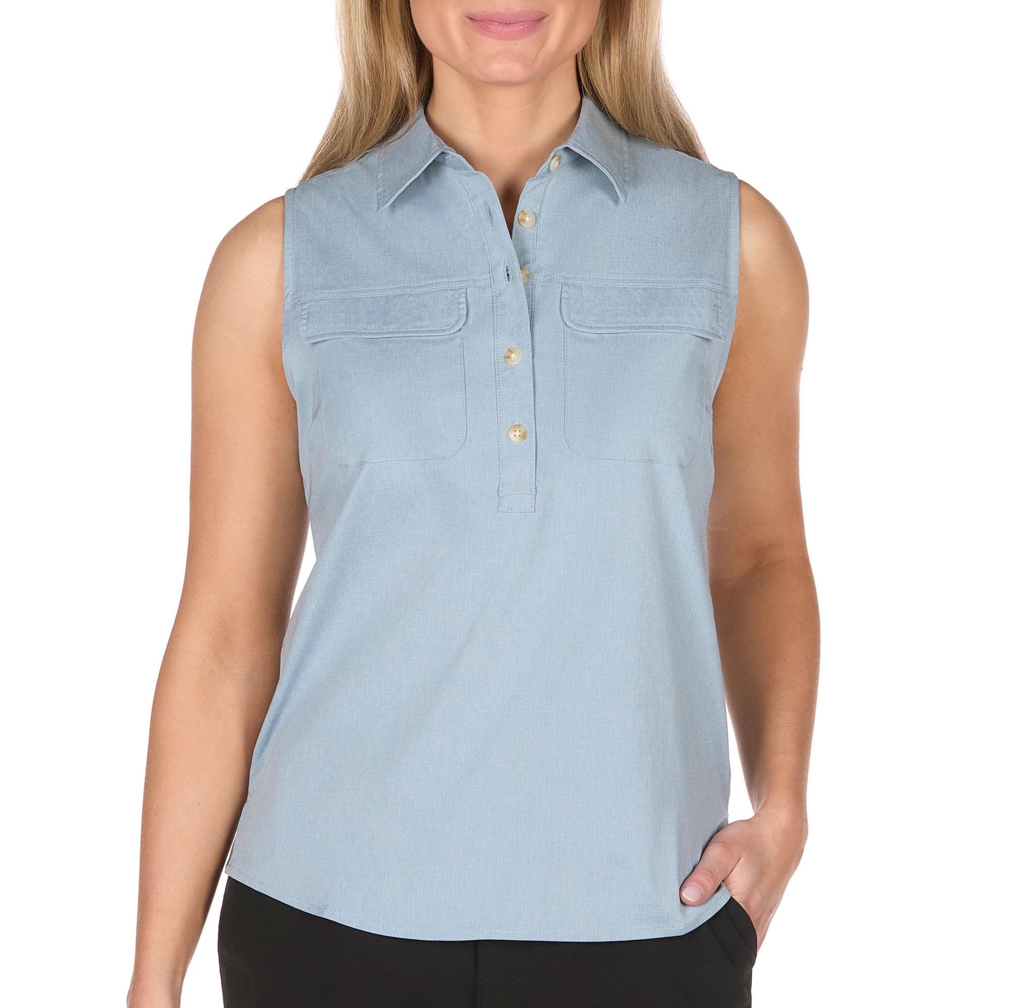 Women's Sleeveless Collared Half-Button Shirt